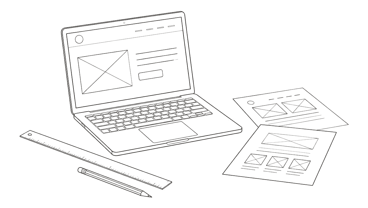 Line illustration of an open laptop showing a wireframe, with a pencil, ruler and sketches beside it
