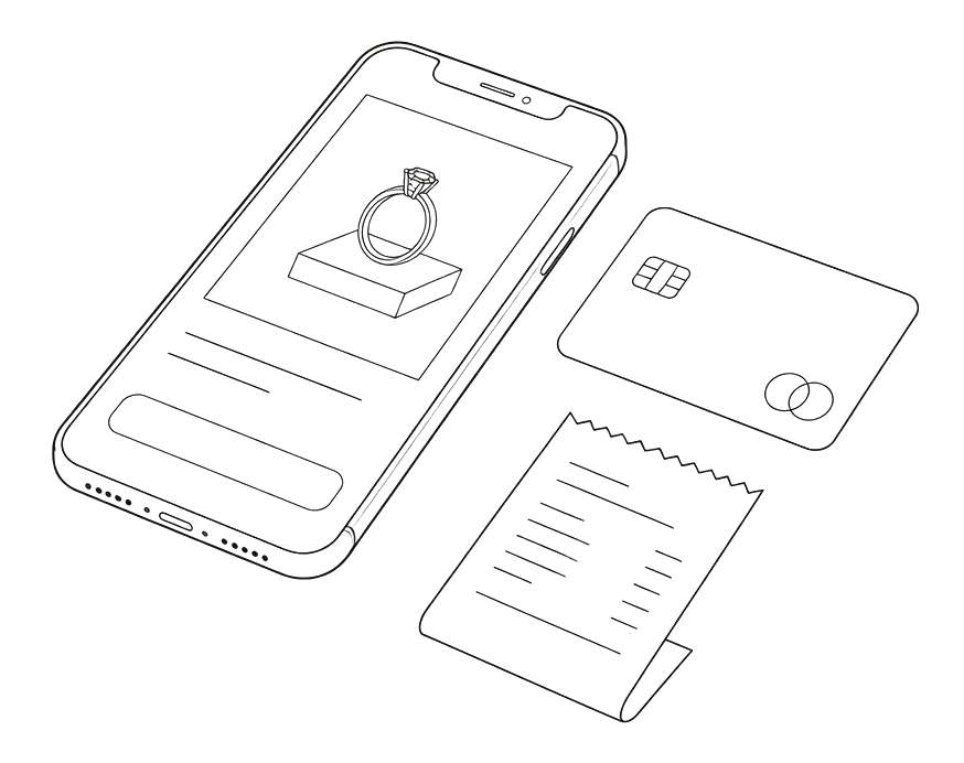Line illustration of a smartphone showing a product page beside a card and a receipt